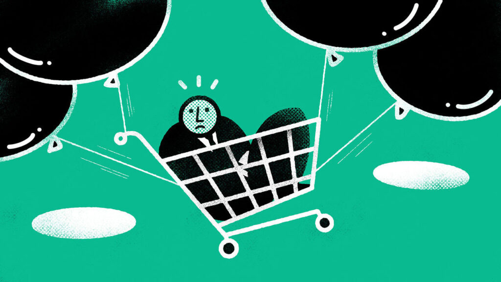 Man in a shopping basket suspended from baloons